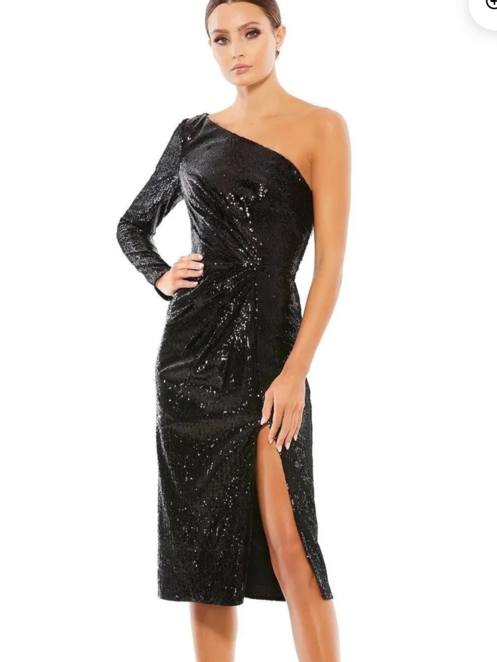 Mac Duggal 26688. One-Shoulder Black Sequin Midi Dress- Side Slit. Size 4. NWT